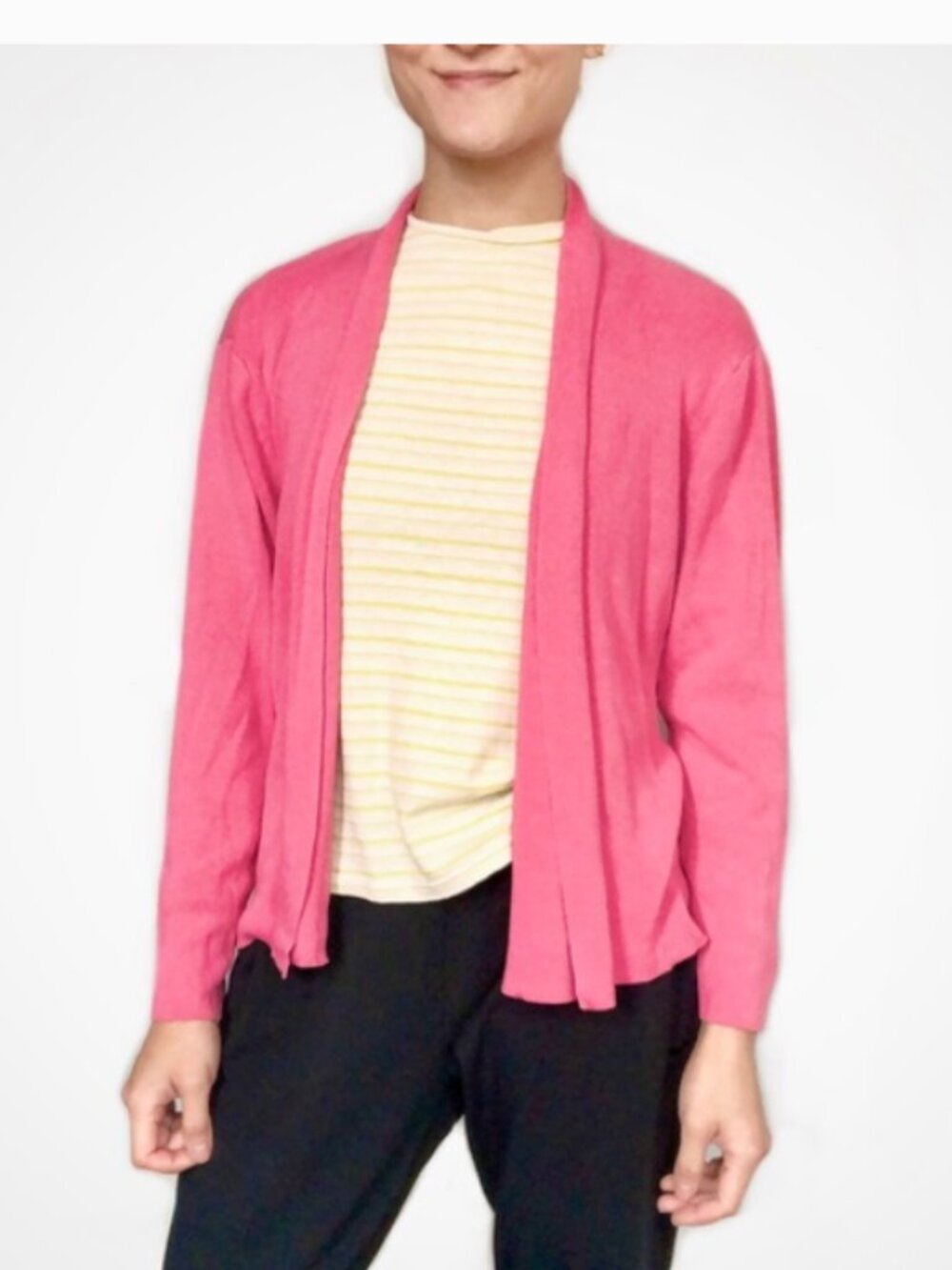 Eileen Fisher pink silk cotton open front short‎ cardigan sweater layering med